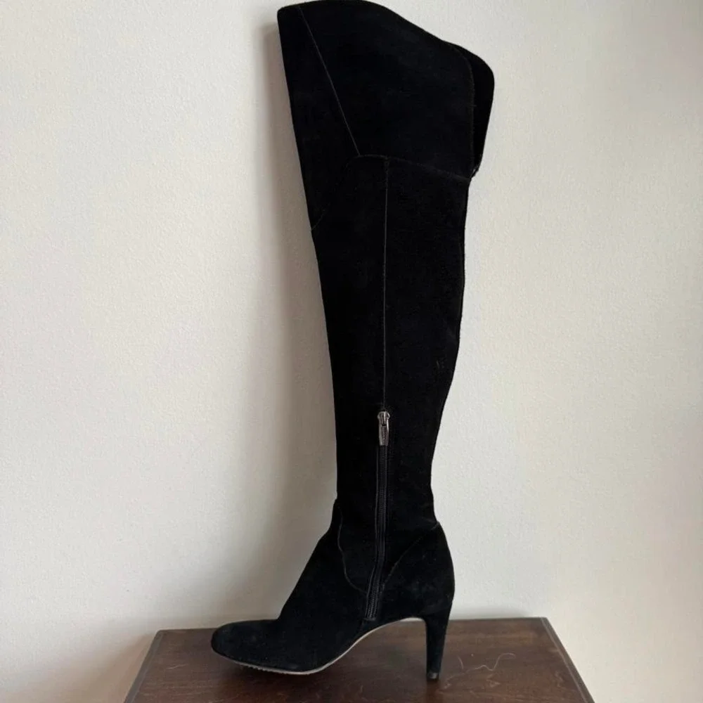 Vince Camuto Over the knee black suede boot size 6 pointed toe boho kitten heel